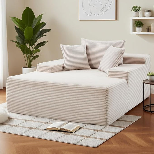 49" Chaise Lounge Chair Indoor, Oversized Wide Arm Boneless Sofa Bed with Plush Corduroy & High-Density Foam, No Assembly Cloud Couch for Living Room, Bedroom, Reading Nap (Beige)