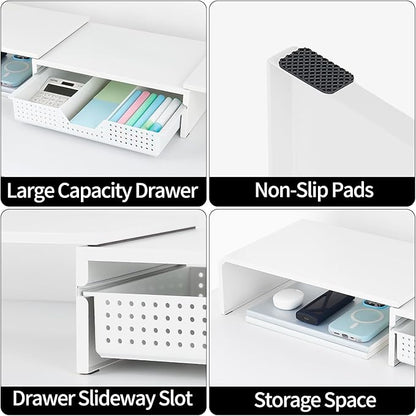 Dual Monitor Stand Riser with Drawer, Desk Organizer and Accessories, Metal Laptop Stand for Desk, Workspace Desktop Stand for Computer, Laptop, TV and More (White)