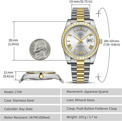 NIBOSI Men's Watches Analog Quartz Diamond Bezel Stainless Steel Dial Rose Gold Silver Watches for Men Waterproof Business Classic Dress Wrist Watch with Day Date