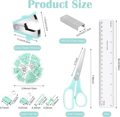 Green Desk Organizers and Accessories, Teal Office Supplies Set Green Mesh Desk Organizer, Stapler, Tape Dispenser, 1000 Staples, Staple Remover, Pen Holder, Clips Set, Ruler, Scissors