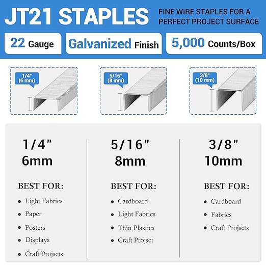 meite JT21 Staples, 1/4 Inch Galvanized Fine Wire Staples for Staple Gun - 7/16" Crown JT21 Staple Refill, Ideal for Upholstery, Crafts, Furniture (5 Boxes)