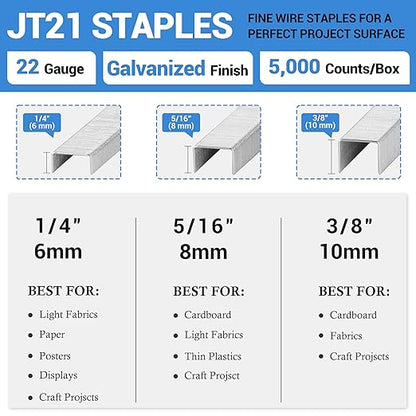 meite JT21 Staples, 1/4 Inch Galvanized Fine Wire Staples for Staple Gun - 7/16" Crown JT21 Staple Refill, Ideal for Upholstery, Crafts, Furniture (1 Case)