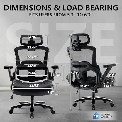 Ergonomic Office Chair with Flip-Up Arms, Mesh Back, Adjustable Headrest, Padded Seat Cushion, Lumbar Support, High Back Desk Chair for Home Office – 330lbs Capacity