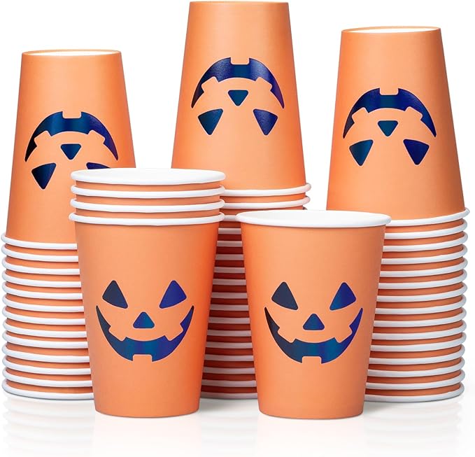 Halloween Disposable Paper Party Cups, Bulk 50 Pack, Leak-Resistant, 12 oz Hot and Cold Cups for Restaurants and Parties, Jack-O-Lantern, Black & Orange