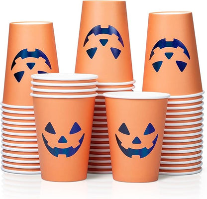 Halloween Disposable Paper Party Cups, Bulk 50 Pack, Leak-Resistant, 12 oz Hot and Cold Cups for Restaurants and Parties, Jack-O-Lantern, Black & Orange