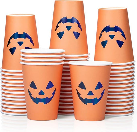 Halloween Disposable Paper Party Cups, Bulk 50 Pack, Leak-Resistant, 12 oz Hot and Cold Cups for Restaurants and Parties, Jack-O-Lantern, Black & Orange