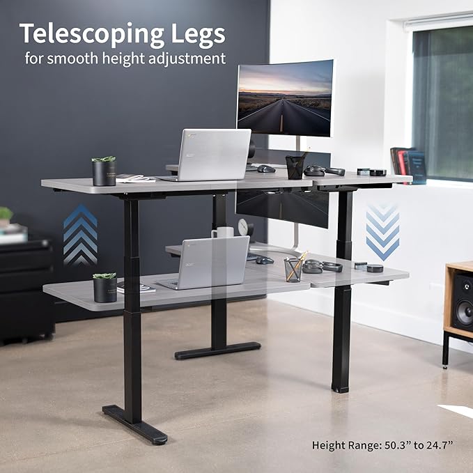 VIVO Electric Height Adjustable 67 x 60 inch Corner Stand Up Desk, 2 Dark Gray Solid Table Tops, Black Frame, Memory Controller, L-Shaped Workstation, 3E Series, DESK-KIT-3E6G