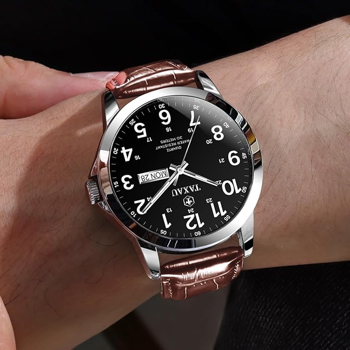 Watches for Men Leather Large Arabic Numerals Mens Watches Waterproof Band with Date Quartz Men's Wrist Watch