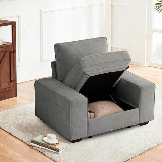 TEKAMON 45" Accent Chair with Seat Storage, Oversized Single Sofa Chair, Modern Chenille Fabric Armchair for Living Room/Office with Wide Armrests, Side Pockets, USB/Washable Covers(Light Grey)