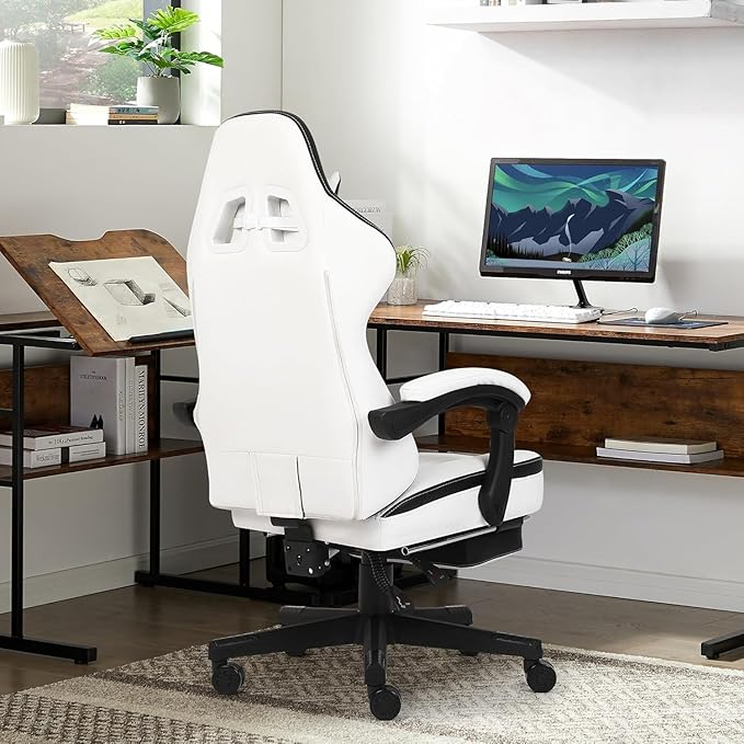 Gaming Chair, Computer Gaming Chairs with Footrest, Linkage Armrests and Lumbar Support, High Back Ergonomic Office Chair for Adults, Big and Tall Desk Chair(WhiteBlack)