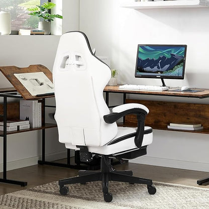 Gaming Chair, Computer Gaming Chairs with Footrest, Linkage Armrests and Lumbar Support, High Back Ergonomic Office Chair for Adults, Big and Tall Desk Chair(WhiteBlack)