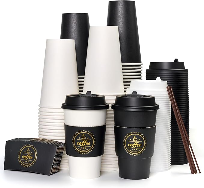 JOLLY CHEF 100 Pack 16 oz Disposable Paper Coffee Cups To Go Coffee Cups with Lids, Sleeves and Stirrers for Hot Drinks