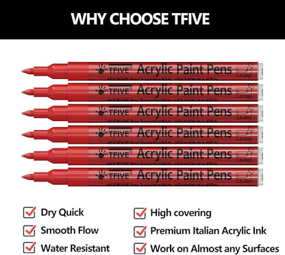 Red Marker Paint Pens - 6 Pack Acrylic Red Permanent Marker, 0.7mm Extra Fine Tip Paint Pen for Art projects, Drawing, Rock Painting, Stone, Ceramic, Glass, Wood, Plastic, Metal, Canvas DIY Crafts