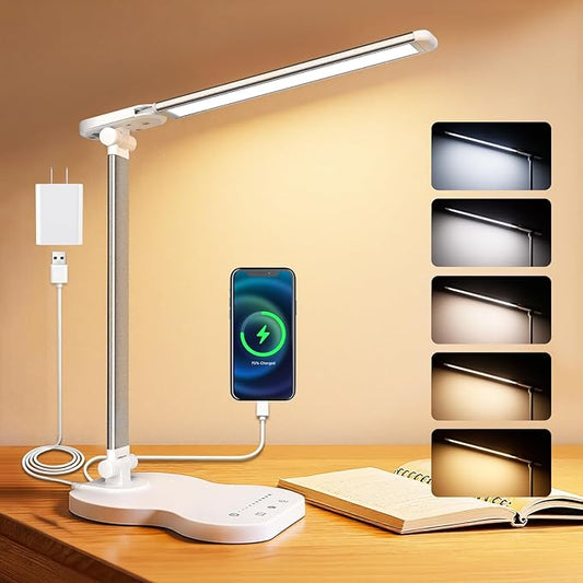 Desk Lamps for Home Office, Dimmable LED Desk Lamp, 5 Color Modes, 10 Brightness, Touch Desk Light with USB Charging Port for Nail Craft Puzzle Sewing Study - Black