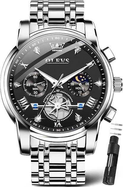 OLEVS Men Silver Watches,Men's Stainless Steel Chronograph Watch,Man Analog Quartz Big Face Male Watches Luxury Waterproof Roman Numeral Dress Diamond Relojes para Hombre