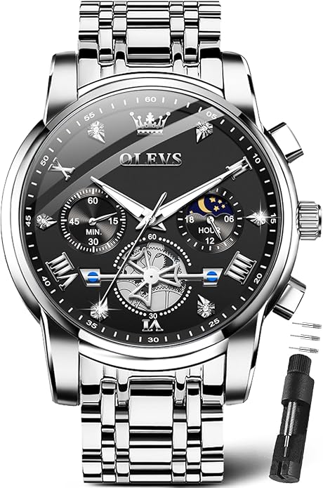 OLEVS Men Silver Watches,Men's Stainless Steel Chronograph Watch,Man Analog Quartz Big Face Male Watches Luxury Waterproof Roman Numeral Dress Diamond Relojes para Hombre