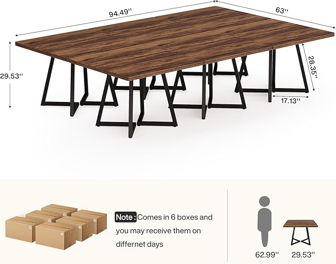 Tribesigns 31.5" Square Conference Table Set of 6, 8 ft Industrial Office Meeting Table for 8-10 People, Business Podcast Furniture with Metal Base for Small Spaces, Office Conference, Brown & Black