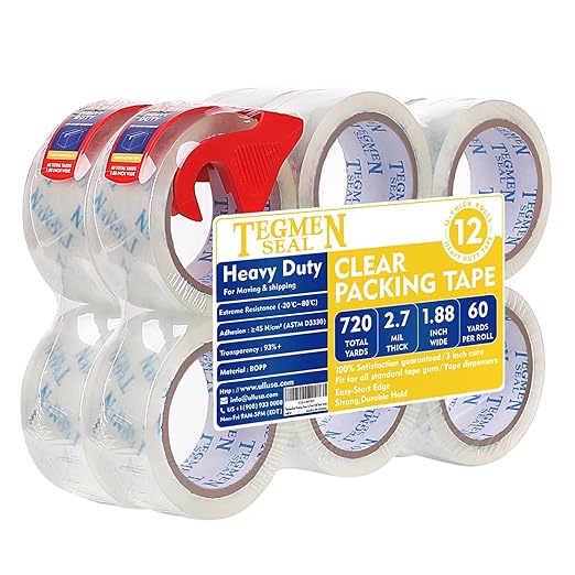 Heavy Duty Clear Packing Tape with Dispenser Combo for Shipping, Moving & Storage,Thicker Clear Packing Tape, 1.88 inches Wide, 60 Yards Per Roll, 12 Pack 720 Total Yards