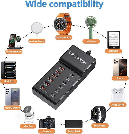 Multi USB Charger USB C Charging Station Block 50W 12 Ports Multiple USB C Hub USB Charging Strip for iPhone 13/14/15/16/Smartphone/Tablet