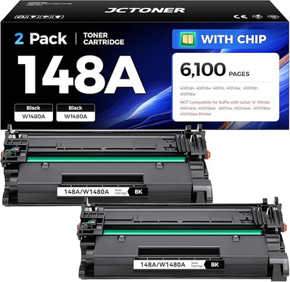 148A Black Toner Cartridge 2-Pack with chip High Yield Replacement for HP 148A W1480A 148X W1480X Compatible with HP LaserJet Pro MFP 4101dw 4101fdn 4101fdw 4001dn 4001dw 4001n Printer Ink 4001 4101 e
