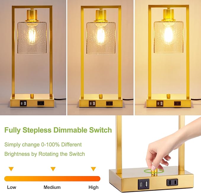 16" Set of 2 Gold Industrial Table Lamps with USB A+C Charging Ports and AC Outlet, Fully Stepless Dimmable Bedside Lamps with Seeded Glass Shade for Bedroom Living Room Office, LED Bulbs Included