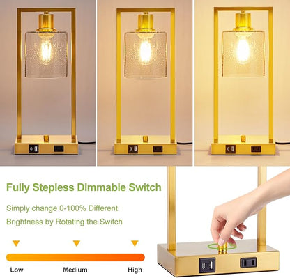 16" Set of 2 Gold Industrial Table Lamps with USB A+C Charging Ports and AC Outlet, Fully Stepless Dimmable Bedside Lamps with Seeded Glass Shade for Bedroom Living Room Office, LED Bulbs Included
