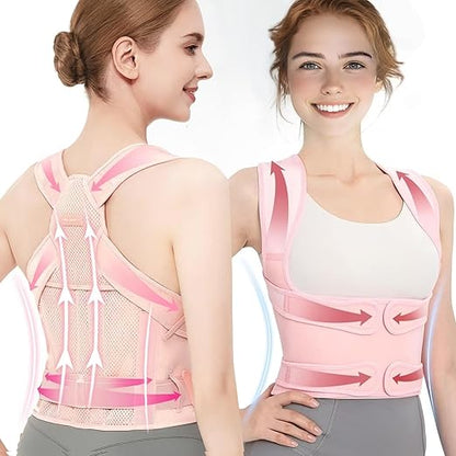 Back Brace Posture Corrector for Women,Adjustable Full Back Support and Shoulder Straightener,for Back Pain Relief,Hunchback Correction,Scoliosis,Thoracic Spine,Posture Trainer（Pink/Medium)
