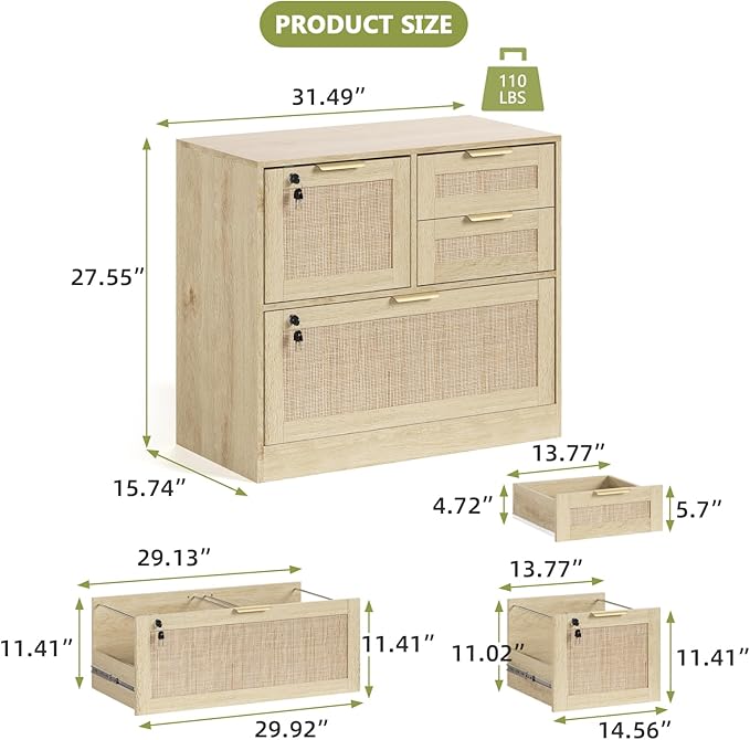 HOPUBUY Lockable 4 Drawers File Cabinet, Lateral Filing Cabinet with Printer Stand for Home Office and School, Wood Rattan File Cabinet for Hanging Files/Letter/Legal/A4/F4 Size, Oak Color (Oak)