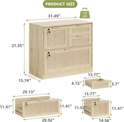 HOPUBUY Lockable 4 Drawers File Cabinet, Lateral Filing Cabinet with Printer Stand for Home Office and School, Wood Rattan File Cabinet for Hanging Files/Letter/Legal/A4/F4 Size, Oak Color (Oak)
