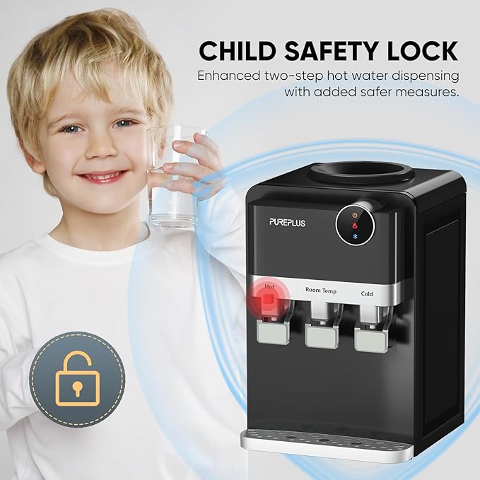 PUREPLUS Top Loading Water Cooler Dispenser, Countertop Water Cooler for 3 or 5 Gallon Bottles, Hot & Cold Water, 3 Temperature Settings, Child Safety Lock, Removable Drip Tray for Home, Office