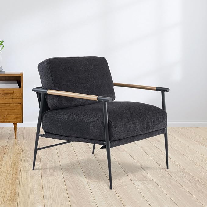 Accent Chair Mid Century Modern Armchair for Living Room,Bedroom,Office,Lounge Comfy Chenille Upholstered Soft Removable Washable Cushions and Pillows,Metal Wood-Grain Armrest Legs,Black
