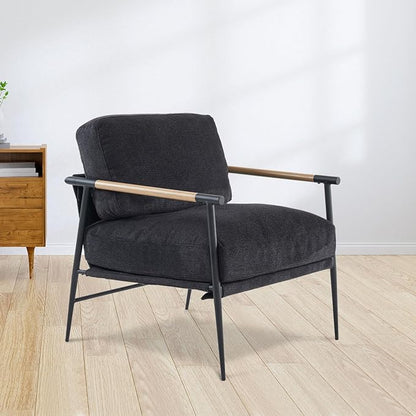 Accent Chair Mid Century Modern Armchair for Living Room,Bedroom,Office,Lounge Comfy Chenille Upholstered Soft Removable Washable Cushions and Pillows,Metal Wood-Grain Armrest Legs,Black