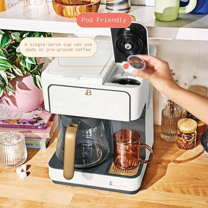 Beautiful Multi-Brew Coffee Maker – 12-Cup Carafe & Single-Serve Pod or Grounds, Iced Coffee Mode, Programmable Touch Display, Includes Filters (White Icing)