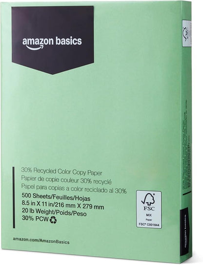Amazon Basics 30% Recycled Color Copy Paper, 8.5" x 11", 20lb, 500 Sheets, Pastel Green