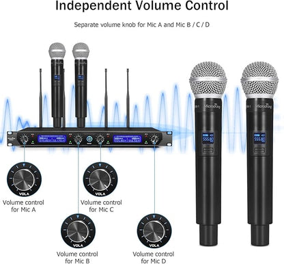 MicrocKing Wireless Microphone System, with 4 Handheld Mics, Metal Build, Fixed Frequency, Long Range 400ft, Ideal for Party/Wedding/Church/Conference/Speech