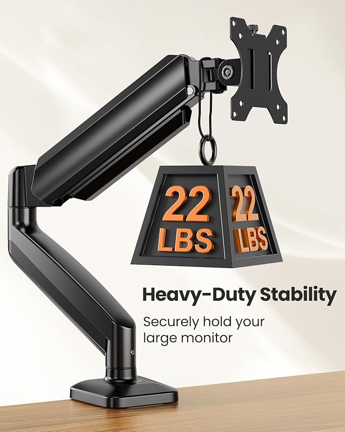 ErGear Single Monitor Arm, Adjustable Monitor Mount for 13–49 inch Screens, Computer Monitor Stand with VESA Mount, C-Clamp & Grommet Base, Max Load 22 lbs, Max VESA 100x100mm, EGSS25B