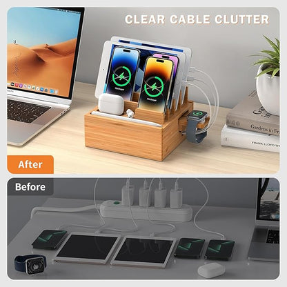 Pezin & Hulin Desktop USB Charging Station with Bamboo Charging Station, Desktop Charger Block, Compatible with Tablet, Cell Phone, Earbuds, Smartwatch