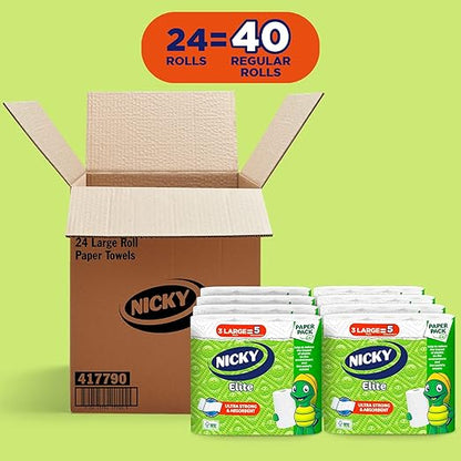 Nicky Elite Adapt-A-Size Paper Towels 24 Large Rolls= 40 Regular Rolls Plastic Free Packaging Paper Wrap Ultra Strong and Absorbent