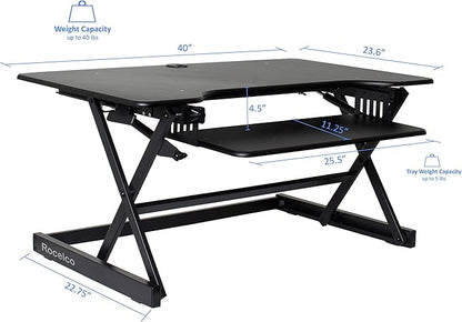 Rocelco 40" Large Height Adjustable Standing Desk Converter - Quick Sit Stand Up Dual Monitor Riser - Gas Spring Assist Computer Workstation - Retractable Keyboard Tray - Black (R DADRB-40)