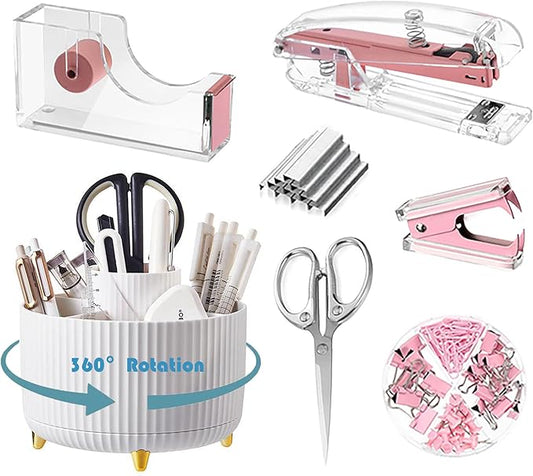 Desk Organizers and Accessories 7Pcs Set with 360-Degree Rotating Pen Holder, Acrylic Stapler, Tape Holder, Staple Remover, Binder/Paper Clips Kit, Scissor and 1 Box of Staples