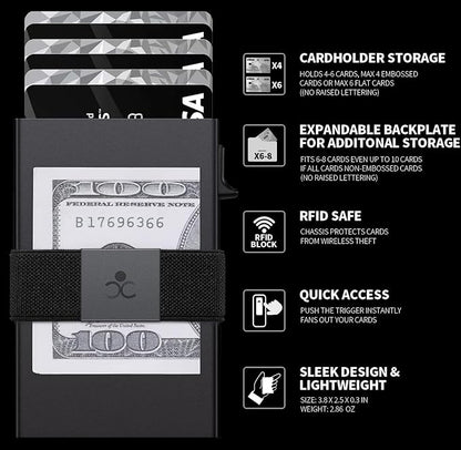 Slim Wallet for Men, RFID Blocking Mens Wallets, Minimalist Pop Up Men's Credit Card Holder, Sturdy Metal Card Case with Cash Strap - 12+ Cards Capacity
