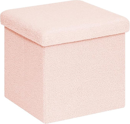 Folding Storage Ottoman Cube - Small Footrest with Sherpa Top, Multi-Functional Storage for Bedroom, Living Room-Pink