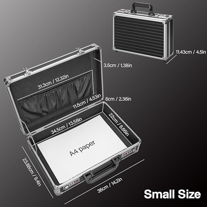 Medium Portable Locking Storage Totes - 14.2 x 9.8 x 4.5 Inch, Black, Modern Aluminum Storage Box with Dual Combination Locks