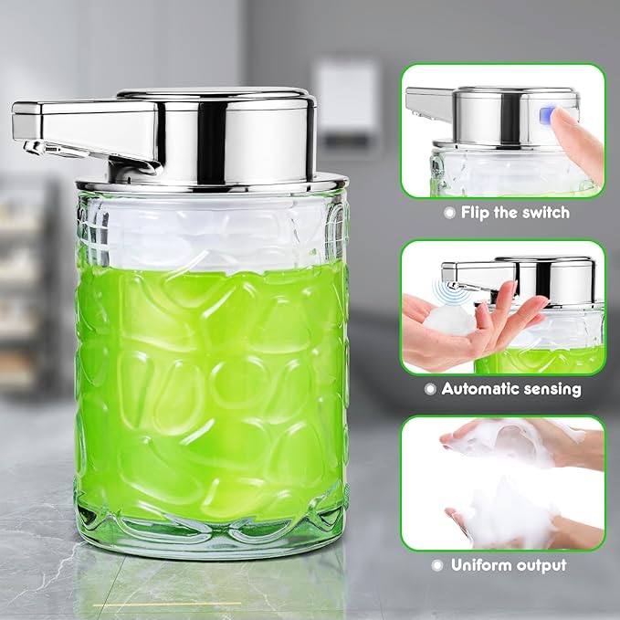 Automatic Touchless Soap Dispenser, Glass Sensor Hand Sanitizer Dispenser with 1800mAh Rechargeable Battery, Waterproof Design for Kitchen & Bathroom (Silver Foam Type)