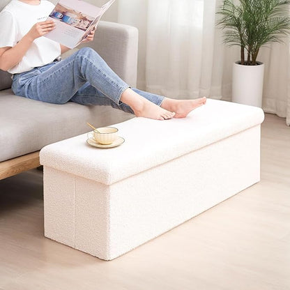 43 Inches Storage Ottoman Bench - Square Ottoman with Sherpa Top,Storage Bench for Bedroom,43" L x 15" W x 15" H - White