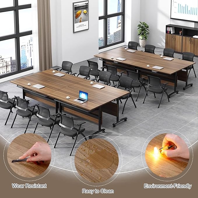 Conference Table Folding Conference Room Tables, Modern Mobile Meeting Training Table with Silent Wheels, Foldable Seminar Table for Offices, Classrooms, Libraries (8, Walnut, 70.8in)