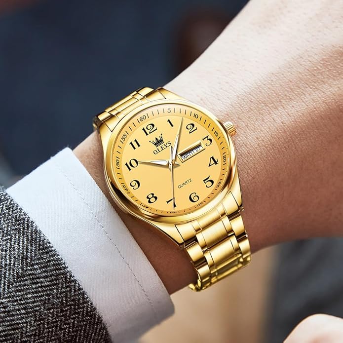 Men's Casual Stainless Steel Watch, Big Face Easy to Read Analog Quartz Watch with Day and Date, Classic Waterproof Diamond Roman Arabic Numerals Dial Dress Watch for Men, Gold Silver Black Band
