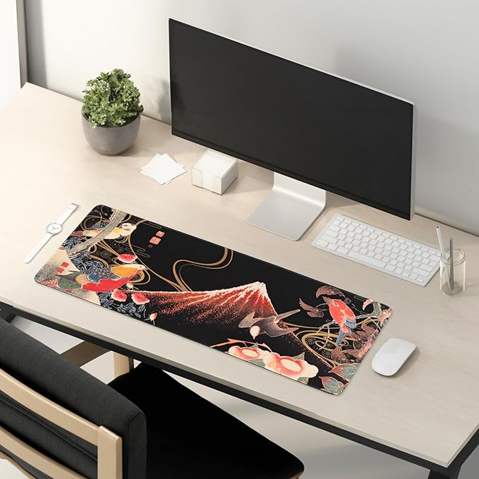 BELLEMOND Japanese Art Desk Mat | Large 31.5x11.8in Desk Pad | Mouse Pad for Keyboard & Mouse | Non-Slip Base, Water-Repellent, Smooth Precision | Crimson Wings Over Fuji