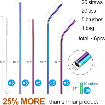 20 Pcs Rainbow Color Reusable Stainless Steel Straws,10.5" & 8.5" Reusable Drinking Straws with 20 Silicone Tips 5 Straw Brushes 1 Travel Case,Eco Friendly Extra Long Metal Straw for 20 30 oz Tumbler