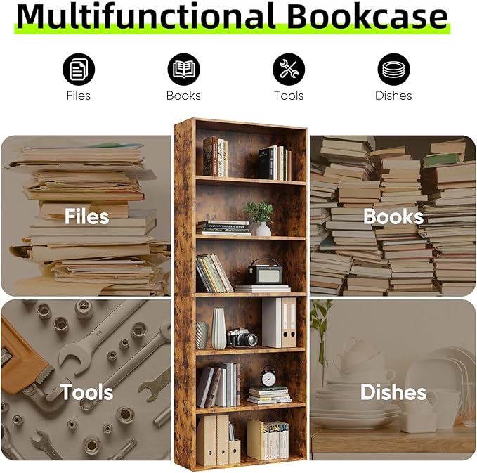 Bookshelf, 6 Tiers Wood Bookcase, 64 Inch Floor Standing Bookshelves, Open Storage Shelves for Books/Kits/Toys/CDs, Vintage Tall Shelf with Freestanding for Home Office Bedroom